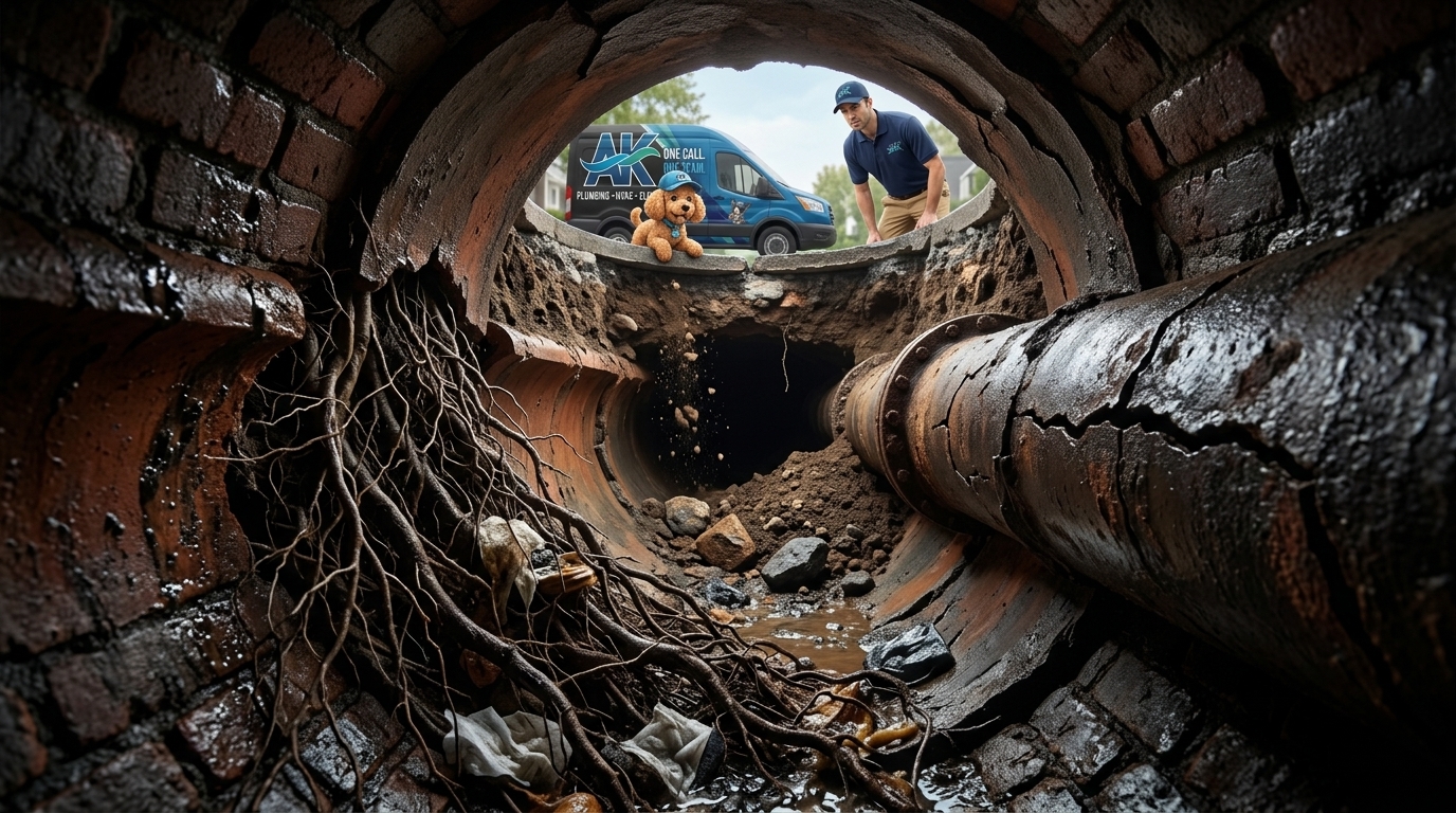 Generate a photorealistic image based on the following content. No text.

Root intrusion: Tree and shrub roots follow moisture. A hairline crack in a clay joint or a pinhole in corroded cast iron is enough for fine root tendrils to enter. Once inside, they thicken over years into dense masses that catch grease, wipes, and debris. A slow drain that clears with a cable and comes back within months is often root intrusion that was cut but not removed.
Cracking and joint separation: Clay cracks when the surrounding soil shifts, which happens repeatedly through Ohio freeze-thaw cycles over decades. Cast iron develops longitudinal cracks as corrosion weakens the wall. The camera shows these as visible fractures or gaps where pipe sections have pulled apart, sometimes letting soil fall into the pipe channel.
Partial or full collapse: This is the end-stage finding. A section of clay pipe that has been cracked and penetrated by roots long enough eventually gives way under the weight of soil above it. The camera image shows an irregular dark void where the pipe profile should be round. Flow through a collapsed section is severely restricted or stopped entirely.